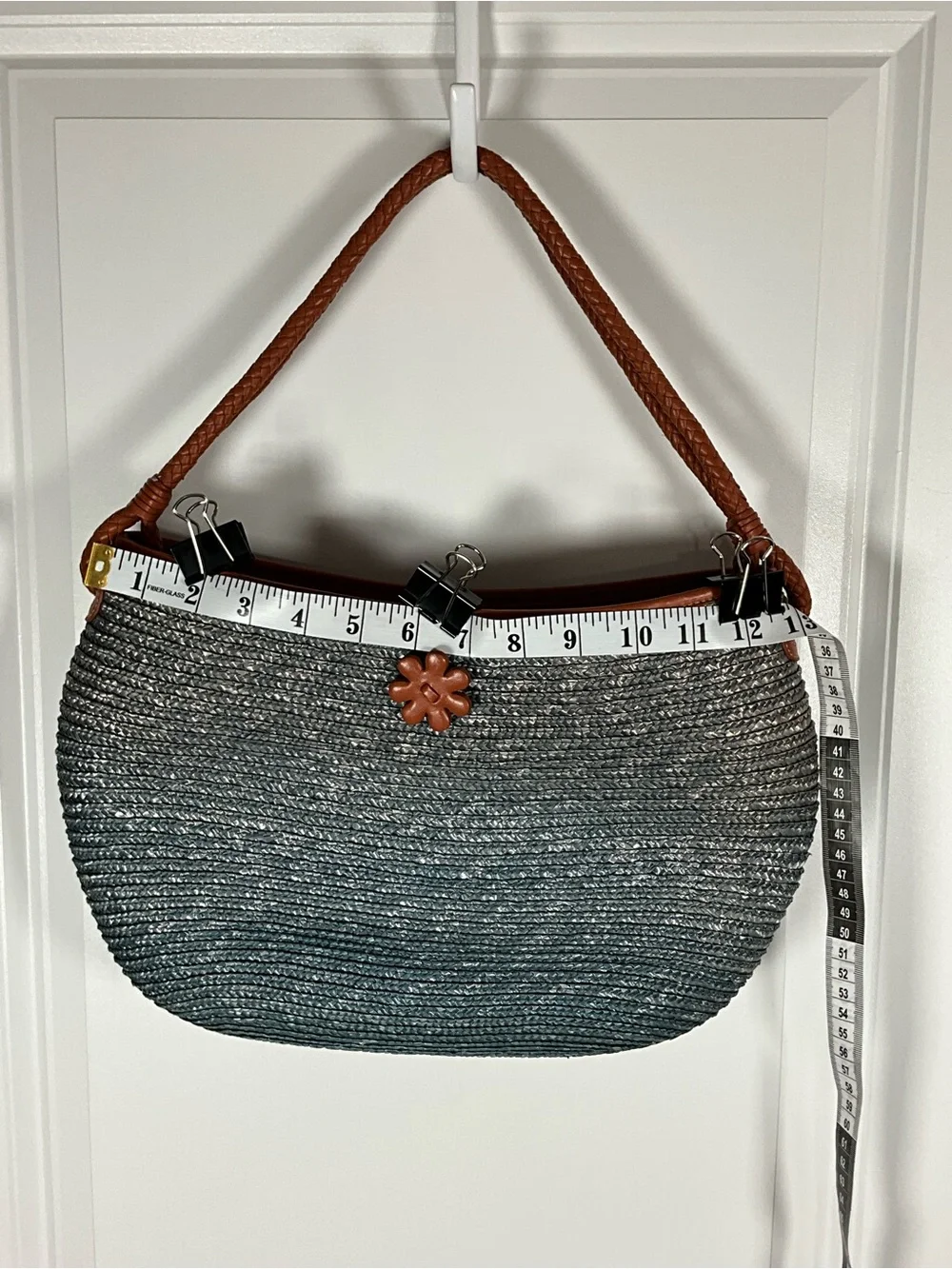 Cole Haan Blue/Gray Woven Straw Raffia Shoulder Bag with Brown Trim